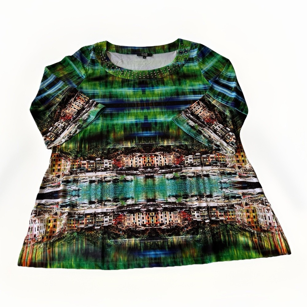 3/$25 Sale! Lior Paris Women's Top XL Colorful City Scene Pattern